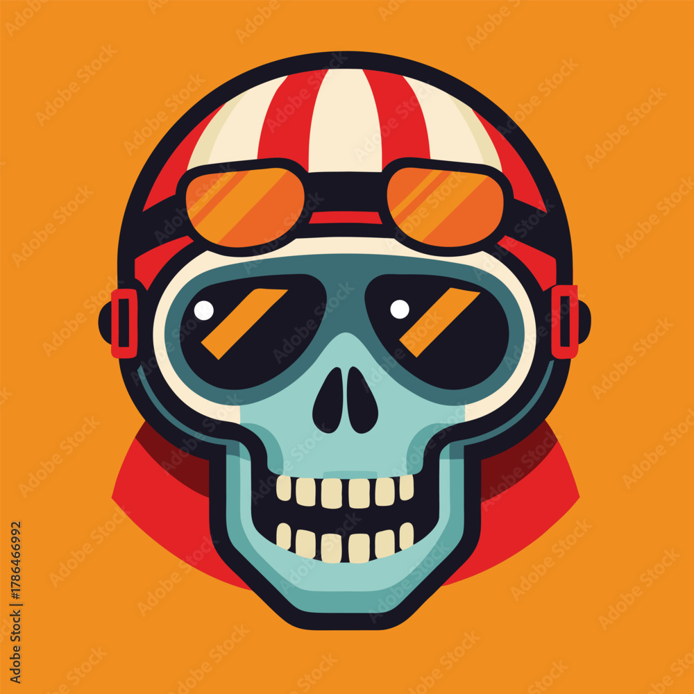 Fototapeta premium Stylized skull wearing a vintage motorcycle helmet and goggles