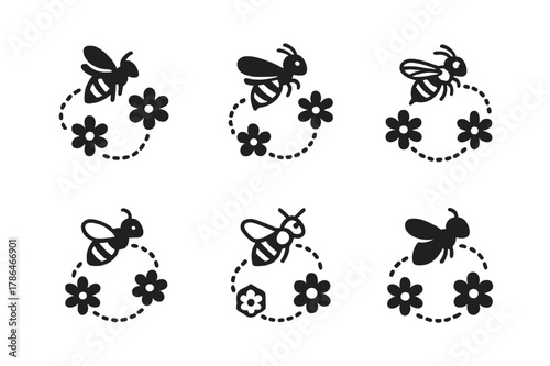 Bee Conservation Logos. Bee conservation initiatives. Icon set. Set Logo of bee conservation initiatives: pollination pathway connecting flowers. harmonious