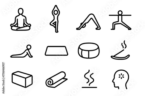 Yoga Icon Grid. Yoga. Line icon set of Yoga: lotus pose, tree pose, downward dog, warrior pose, cobra pose, yoga mat, meditation cushion, incense, yoga block,