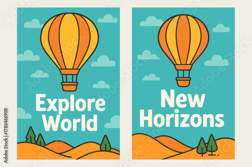 Adventure Banners. ADVENTURE. Two vertical A6 banners with safe margins, centered composition, no elements touching edges, cartoon, turquoise and orange, hot