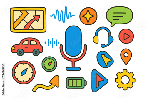 Colorful Navigation Icons. Navigation voice assistant interface. Colorful Hand-drawn doodle Children illustration Navigation voice assistant