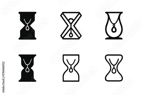 Hourglass Jewelry Logo. Slow fashion jewelry. Set Logo of Slow fashion jewelry: hourglass with pendant inside. harmonious logo variations of the same