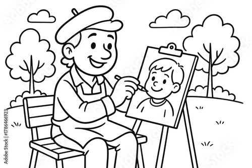 Cartoon Artist Sketching. Artist sketching children?s coloring book illustration, outlined drawing, friendly
