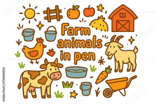 Colorful Farmyard Doodle. Farm animals in pen. Hand-drawn doodle illustration of farm animals in pen. Cow,