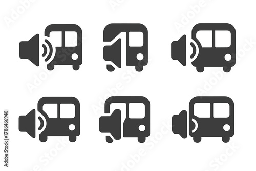 Accessible Transport Icons. Accessible transportation. Set Logo of audio announcement speaker with bus: Stylized detail, Negative space, Minimal outline,
