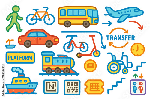 Multimodal Transport Doodles. Multimodal navigation. Colorful Hand-drawn doodle Children illustration Multimodal navigation walking figure, bicycle, bus,
