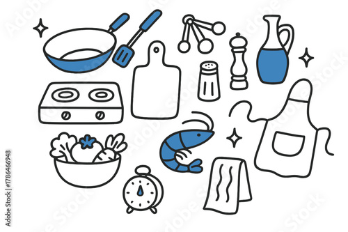 Kitchen Essentials Doodle. // Kitchen setup. Hand-drawn doodle illustration Kitchen setup [wok (accented), spatula (accented), cutting board (accented), stove,