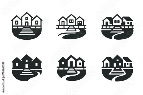 Floating Neighborhood Logos. Floating neighborhoods. Set Logo of floating neighborhoods: canal boardwalk with moored houses. Icon set. harmonious