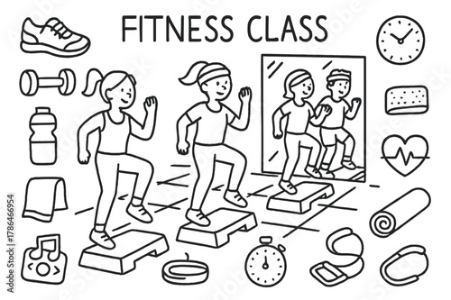Fitness Class Essentials. Fitness Class. Hand-drawn doodle illustration Fitness Class step aerobic step, group of people, sneakers, dumbbells, water bottle,