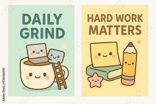 Kawaii Work Banners. Daily grind. Two vertical A6 banners with safe margins, centered composition, no elements touching edges, kawaii, pastel mint and yellow,