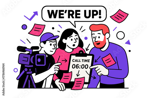 Call Sheet Chaos. Behind-the-scenes filming ? Call sheet scramble. Crew huddles over a clipboard while sticky notes float; arrows point from ?CALL TIME :? to