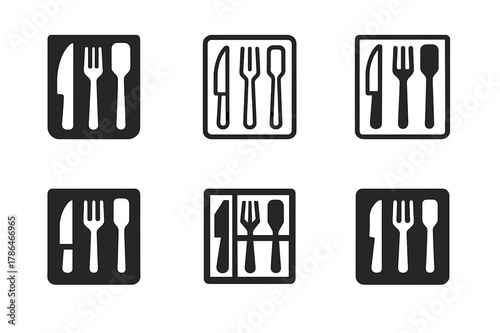 Kitchen Organizer Logos. Using drawer organizers for kitchen gadgets. Set Logo of Using drawer organizers for kitchen gadgets: orderly utensil icons arranged