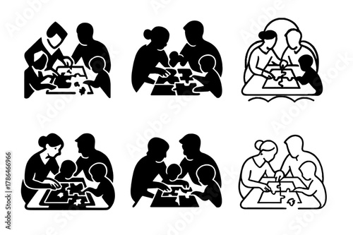 Family Puzzle Logos. A family putting together a puzzle on a cozy afternoon. Set Logo of a family putting together a puzzle on a cozy afternoon: family