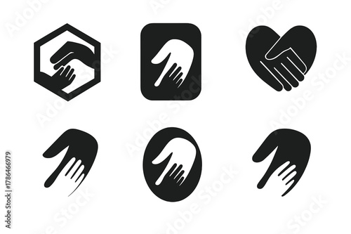 Grandparent-Child Logo Variations. Grandparenting. Set Logo of Grandparenting: elder hand holding child hand. harmonious logo variations of the same emblematic