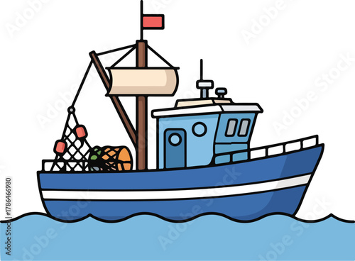 Cute Cartoon Blue Fishing Trawler Boat with Net Illustration