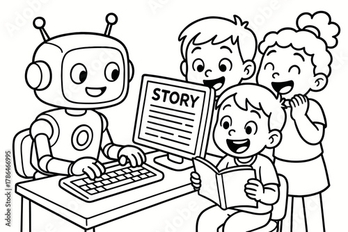 Robot Storytime Fun. AI storytelling children?s coloring book illustration, outlined drawing, cartoon robot