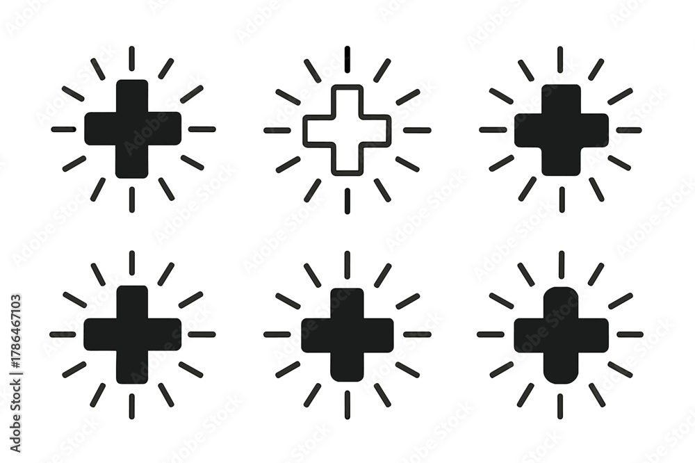 Obraz premium Medical Cross Logos. Medical cross symbol. Set Logo of Medical cross symbol: cross with radiating lines of care or light. Icon set. harmonious logo variations