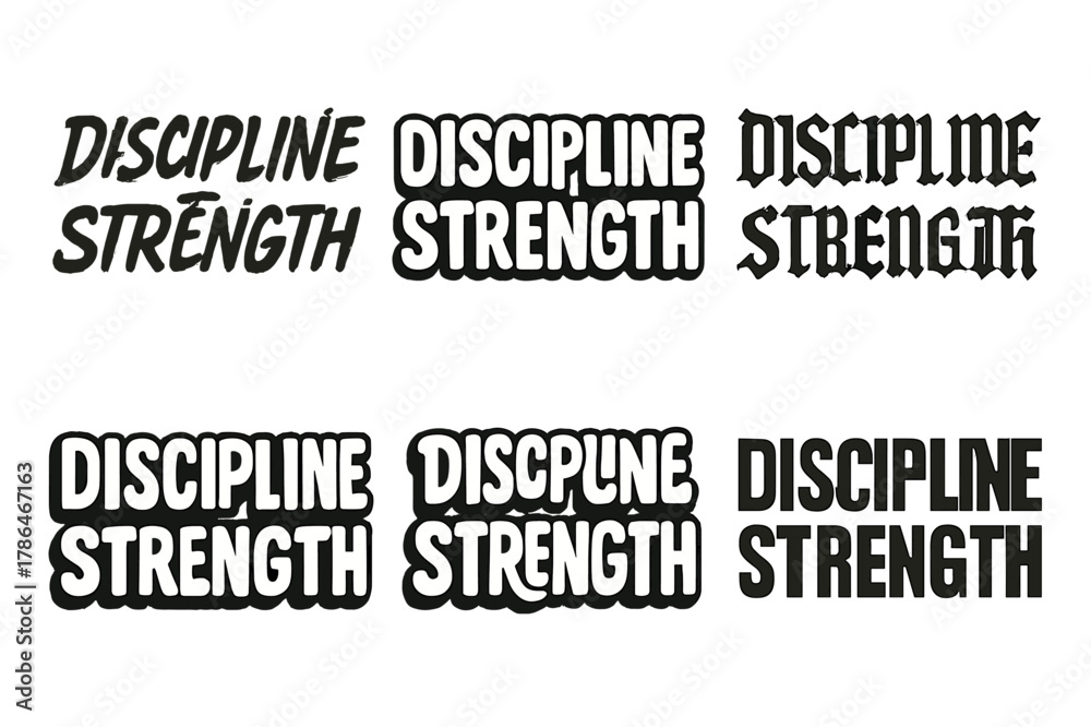 Obraz premium Creative Lettering Styles. Discipline and Strength. Set lettering. harmonious lettering variations of the same emblematic concept, each with different artistic