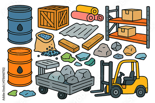 Colorful Raw Materials Icons. Raw materials. Colorful Hand-drawn doodle Children illustration Raw materials barrels, crates, fabric rolls, metal sheet, plastic