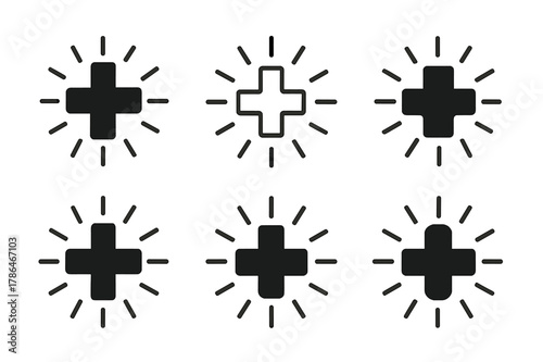 Medical Cross Logos. Medical cross symbol. Set Logo of Medical cross symbol: cross with radiating lines of care or light. Icon set. harmonious logo variations