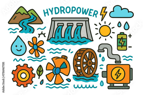 Hydropower Doodle Illustration. Hydropower. Colorful Hand-drawn doodle Children illustration Hydropower dam, turbine, water wheel, generator, river, mountain,