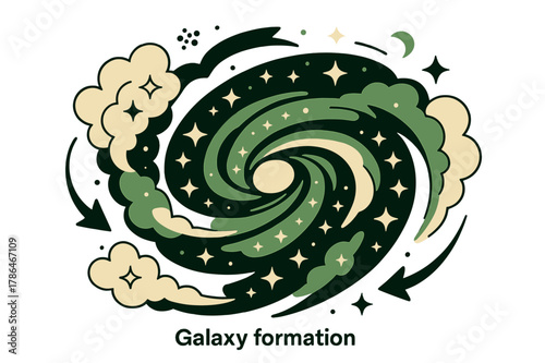 Cosmic Spiral Artistry. Galaxy formation. Clouds of glowing gas and stars spiraling under gravitational pull,