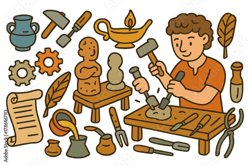 Ancient Artisan Tools. Ancient craftsmanship. Colorful Hand-drawn doodle Children illustration Ancient craftsmanship artisan, workbench, hammer, chisel, clay