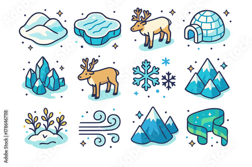 Colorful Winter Tundra Icons. Winter tundra. Colorful isometric vector icons set of winter tundra: snow-covered hills, frozen lake, icy rocks, polar bear,