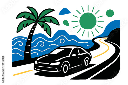 Abstract Coastal Drive. Ocean drive. A car glides along a coastal highway with glowing abstract lines showing