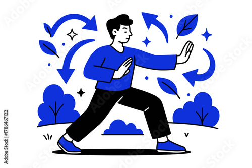 Tai Chi Serenity. Navigating stress. Person doing tai chi in park with abstract floating arrows, leaves, and sparkles; emphasizes relaxation, focus, and stress