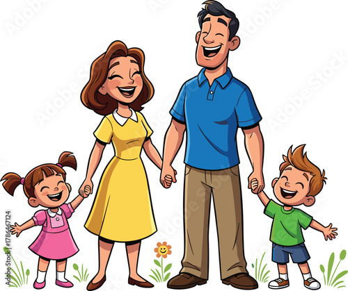 Happy cartoon family illustration of parents holding hands with children smiling outdoors enjoying joyful moment together in nature