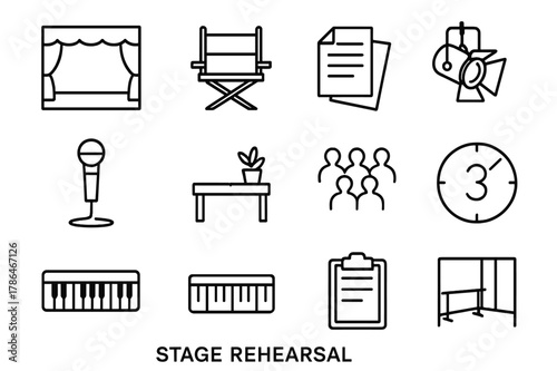 Stage Rehearsal Icons. Stage Rehearsal. Line icon set of Stage Rehearsal: open stage, director chair, script pages, spotlight, microphone, floor tape marks,