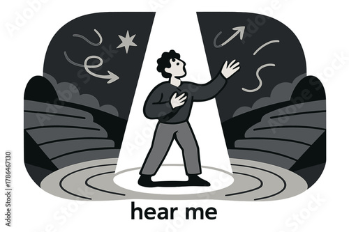 The Spotlight Monologue. Amphitheater ? Spotlight Monologue. A lone actor stands center stage; a clean cone of light slices the dusk. Whispered caption ?hear