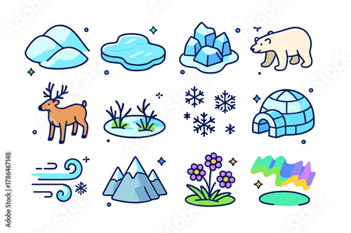 Tundra Icon Set. Tundra landscape. Colorful isometric vector icons set of tundra landscape: snow-covered hills, frozen lake, icy rocks, polar bear, reindeer,