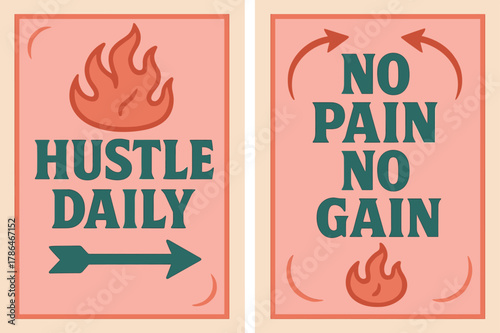 Retro Motivational Banners. Hustle daily. Two vertical A6 banners with safe margins, centered composition, no elements touching edges, retro, pink and teal,