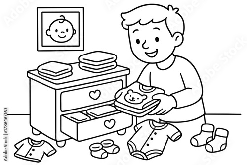 Organized Baby Dresser. Organizing baby dresser children?s coloring book illustration, outlined drawing, a cheerful parent placing folded baby clothes into a