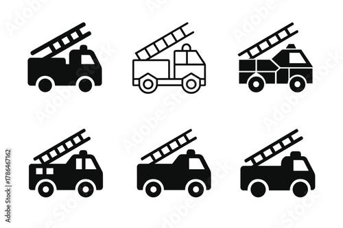 Emergency Logos Showcase. Emergency services. Icon set. Set Logo of emergency services: fire engine with ladder. harmonious logo variations of the same