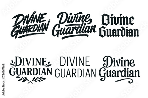 Harmonious Lettering Grid. Divine Guardian. Set lettering. harmonious lettering variations of the same emblematic concept (Dynamic brushstroke graffiti
