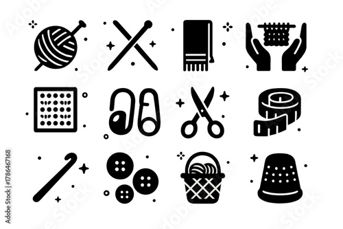 Knitting Tools Icons. Knitting Essentials. Solid icons set of Knitting Essentials: yarn ball, knitting needles, scarf, hands, pattern chart, stitch markers,