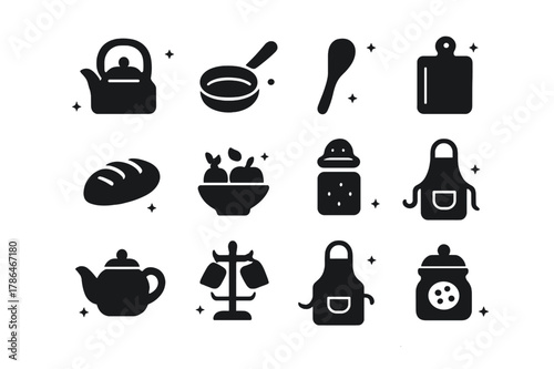 Homey Kitchen Icons. Homey Kitchen. Solid icons set of Homey Kitchen: kettle, cast iron pan, wooden spoon, cutting board, bread loaf, fruit bowl, spice jar,