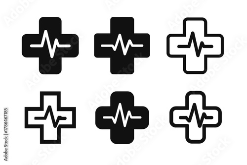 Medical Startup Logos. Social impact startups. Set Logo of Social impact startups: medical cross with heart pulse. Icon set. harmonious logo variations of the
