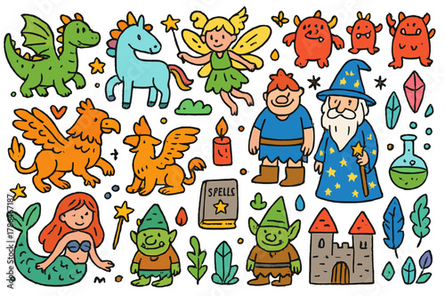 Fantasy Creature Collection. Fantasy creatures. Colorful Hand-drawn doodle Children illustration fantasy creatures dragons, unicorns, mermaids, fairies,