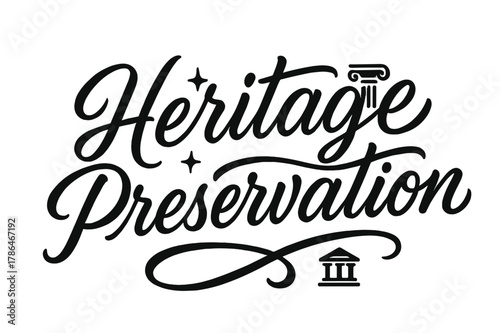 Heritage Preservation Script. Script Hand-Lettering ? "Heritage Preservation" in flowing brush script, semi-cursive with fluid strokes, slight upward tilt to