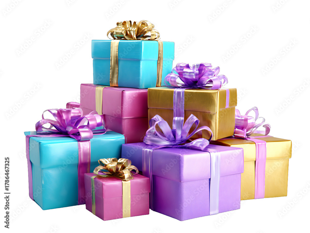 Fototapeta premium Colorful gift boxes with ribbons and bows isolated on transparent background