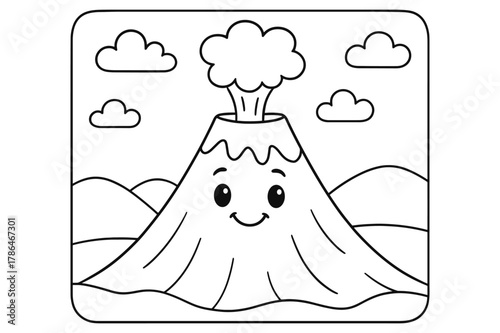Friendly Volcano Coloring. Volcano children?s coloring book illustration, outlined drawing, a friendly volcano with a smiling face and a gentle puff of ash