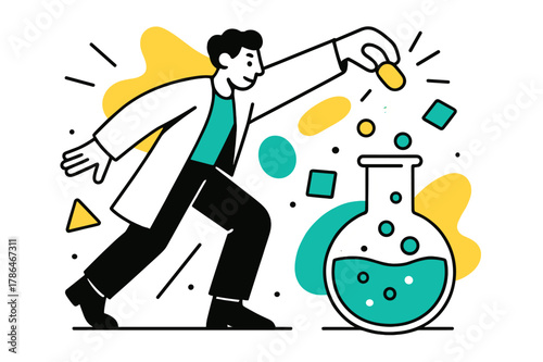 Dynamic Catalyst Experiment. Catalyst. Person dropping a catalyst into a solution with floating abstract geometric shapes and glowing accents, experimental and