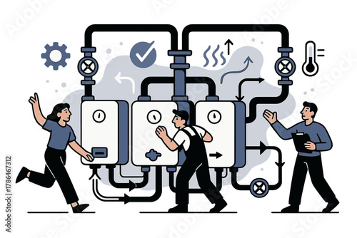 Modern Boiler System Illustration. Boiler room overview. Clean technical scene showing multiple boilers