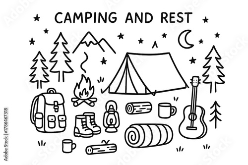 Camping Doodle Art. Camping and rest. Hand-drawn doodle illustration camping and rest tent, campfire, trees, moon, stars, backpack, boots, lantern, mug, log,