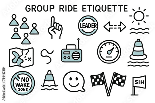 Cycling Ride Etiquette. // Group ride etiquette. Hand-drawn doodle illustration Group ride etiquette [formation icons (accented), hand signal (accented),