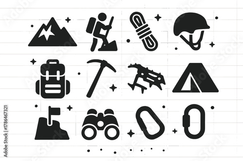 Alpine Adventure Icons. Alpine Adventure. Solid icons set of Alpine Adventure: mountain, climber, rope, helmet, backpack, ice axe, crampons, tent, cliff, flag,
